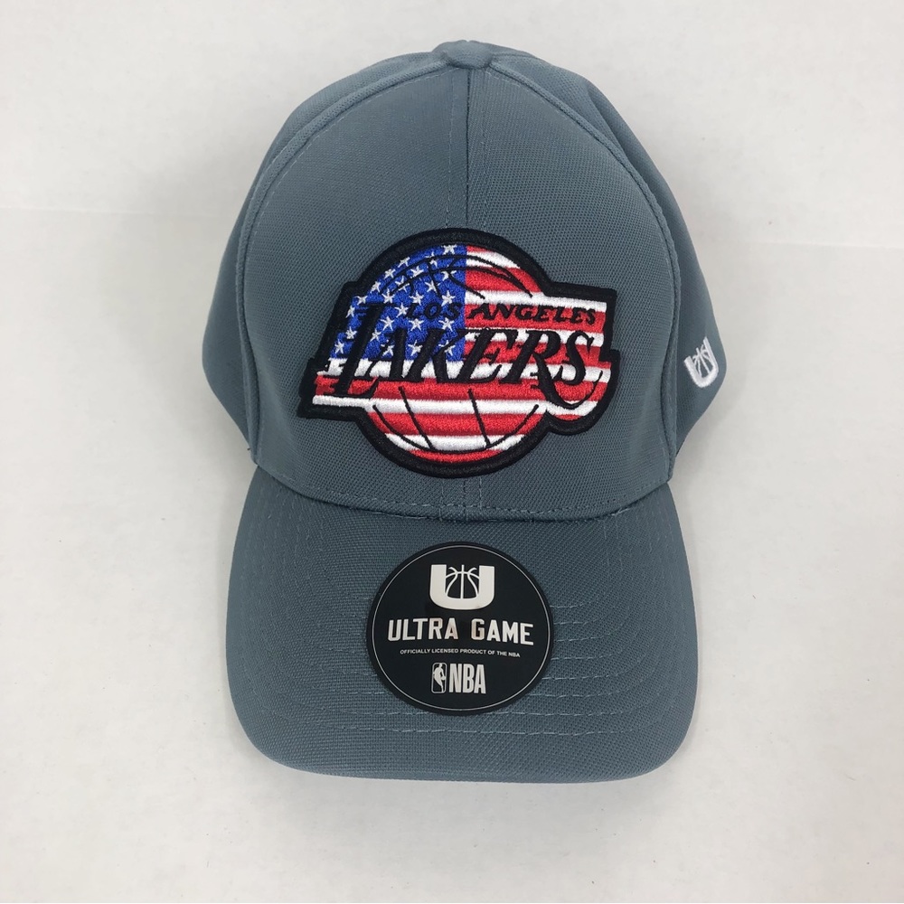 NWT NBA LA Lakers Patriotic American Flag Fitted Hat | Gray Red White Blue